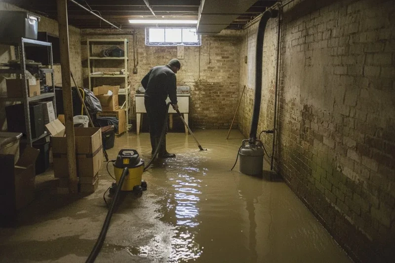 Worker using a wet vac to clear water from a flooded basement
