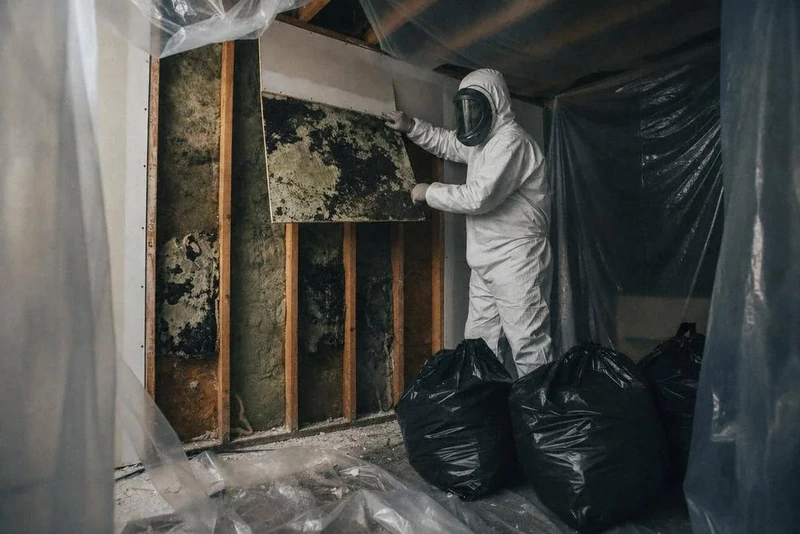 Technician in protective gear removing a mold covered panel from the ceiling