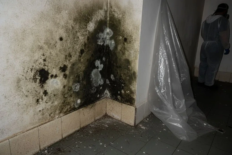 Black mold spreading across a bathroom corner wall near plastic sheeting