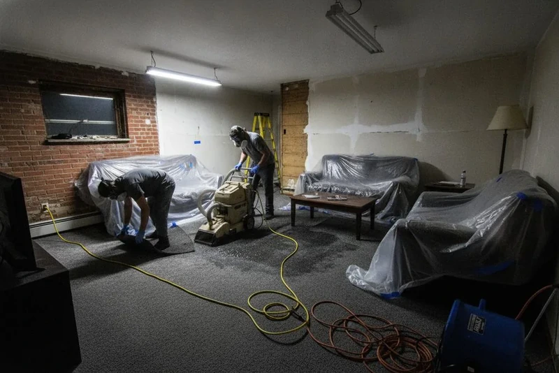 Walk-behind carpet extractor pulling water from a damp carpet after a Brooklyn apartment flood
