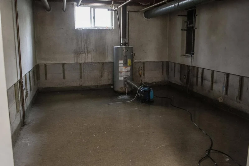 A small pump set up beside a water heater during an emergency water removal call in Brooklyn