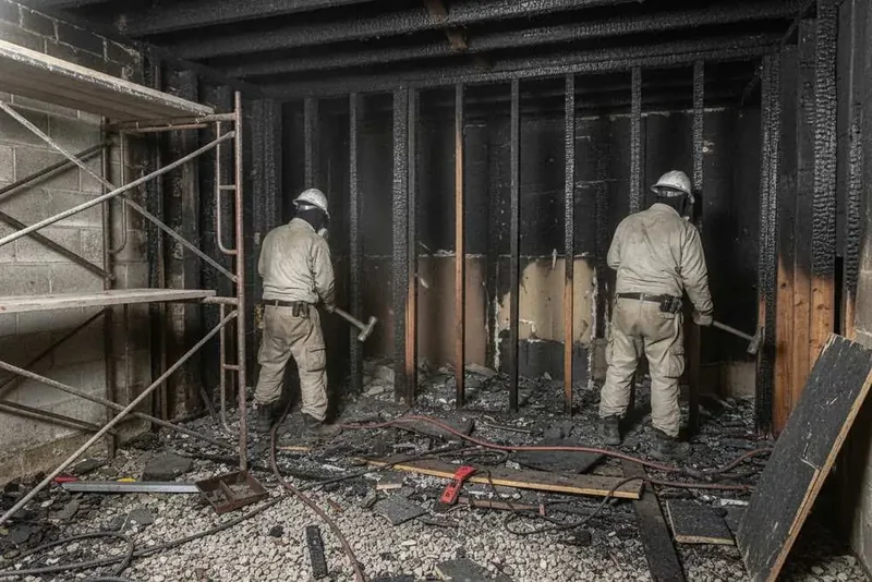 Crew tearing out charred wall studs during fire damage cleanup in a Bronx building