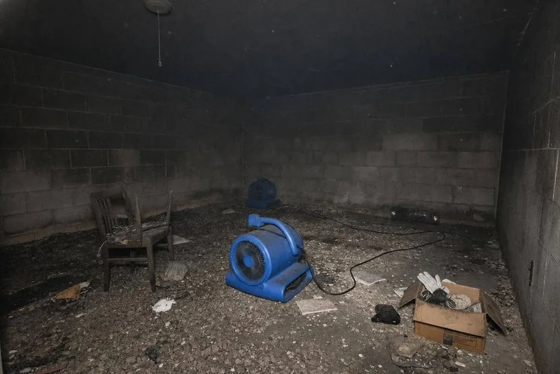 Air mover drying a soot-covered cinder block room after a Bronx house fire