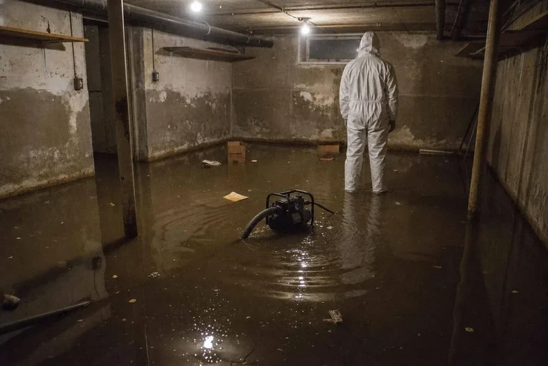 Technician in a protective suit standing in a flooded basement with a pump
