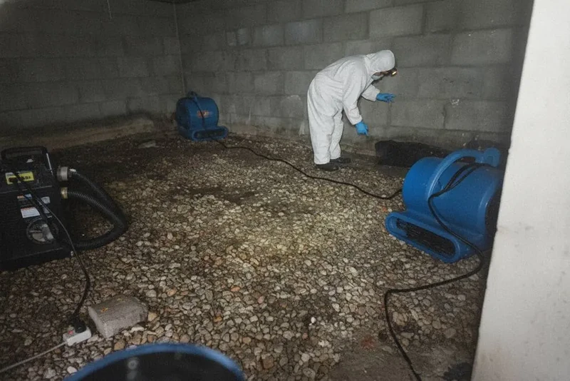 Technician inspecting a gravel floor crawlspace with air movers running