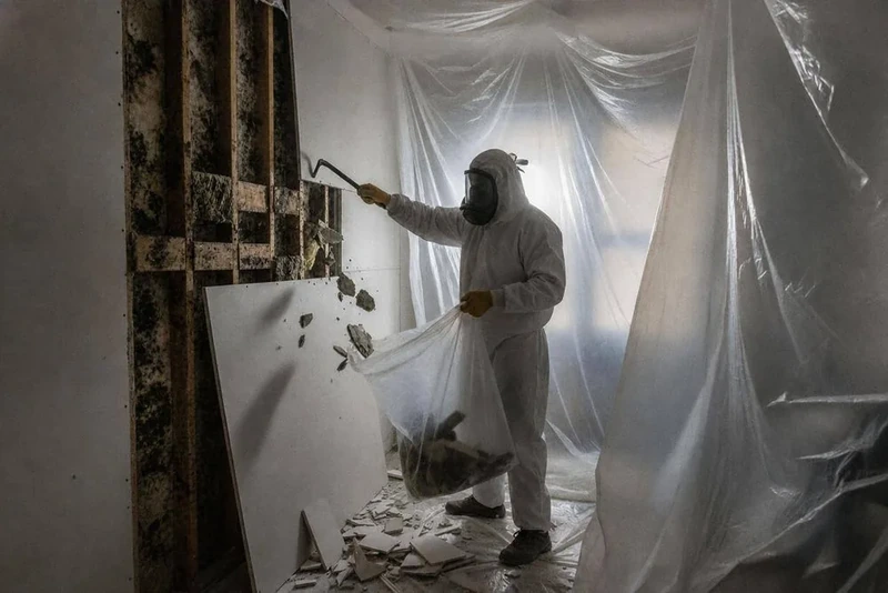 Technician cutting out mold-damaged plaster below a riser leak in a Manhattan prewar co-op