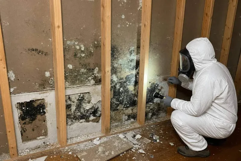 Technician inspecting mold-covered wall studs with a flashlight in a Staten Island basement