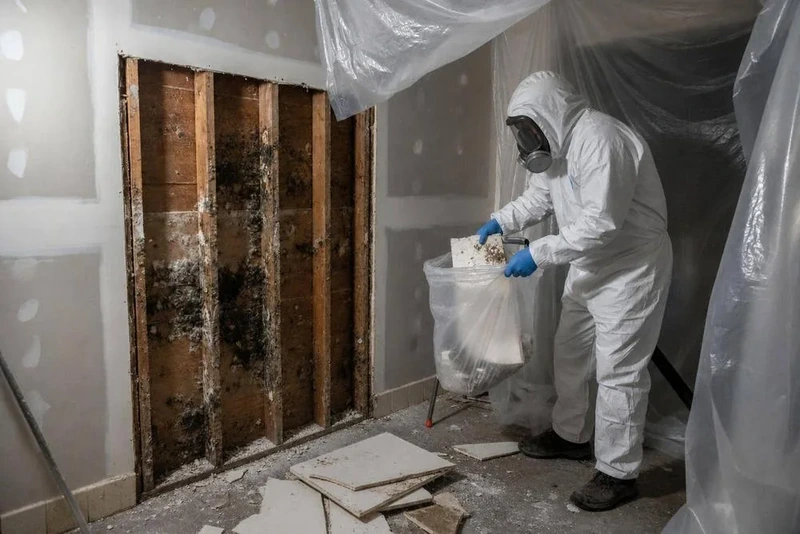 Technician bagging mold-damaged drywall behind containment sheeting in a Staten Island home